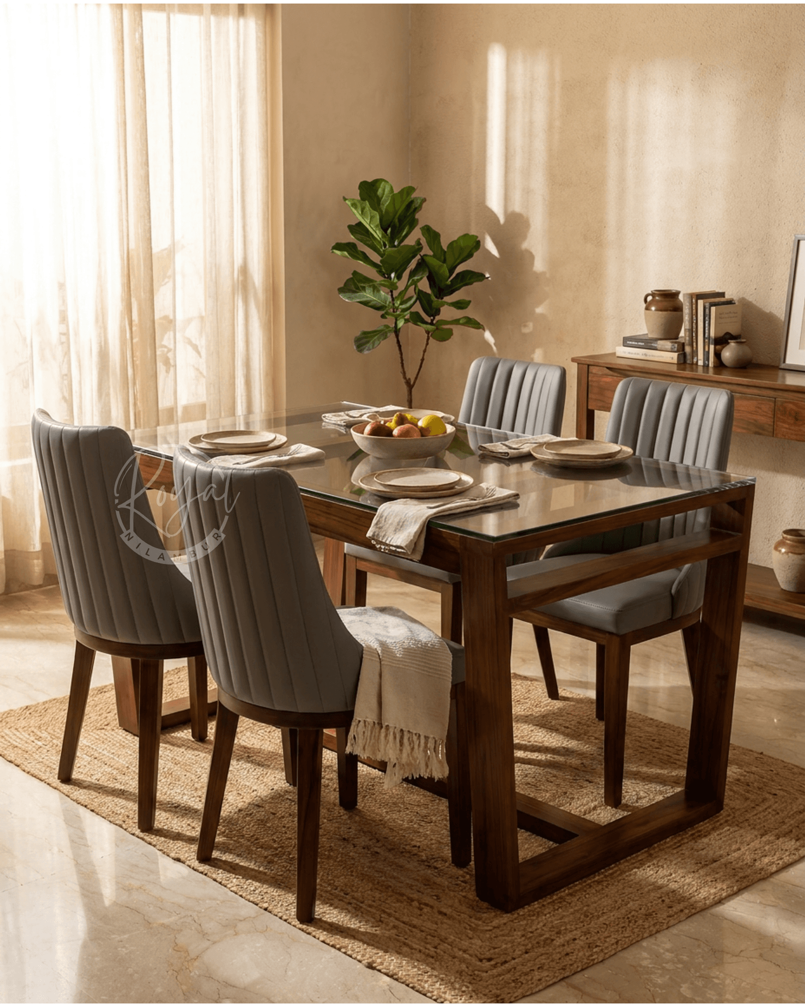 Royal Nirvana Nilambur Teak Wood Dining Table With Glass Top