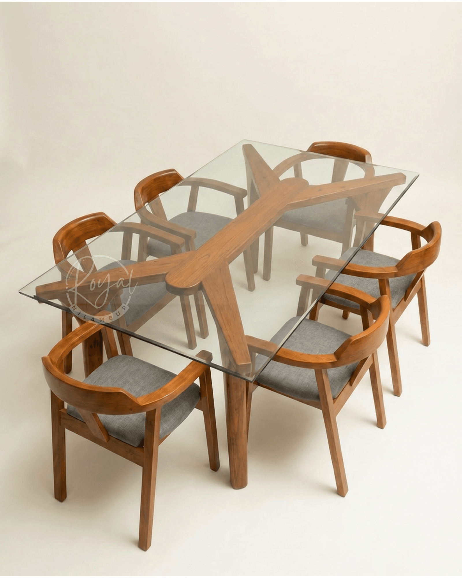 Royal Svarox Nilambur Teak Wood Dining Set With Glass Top