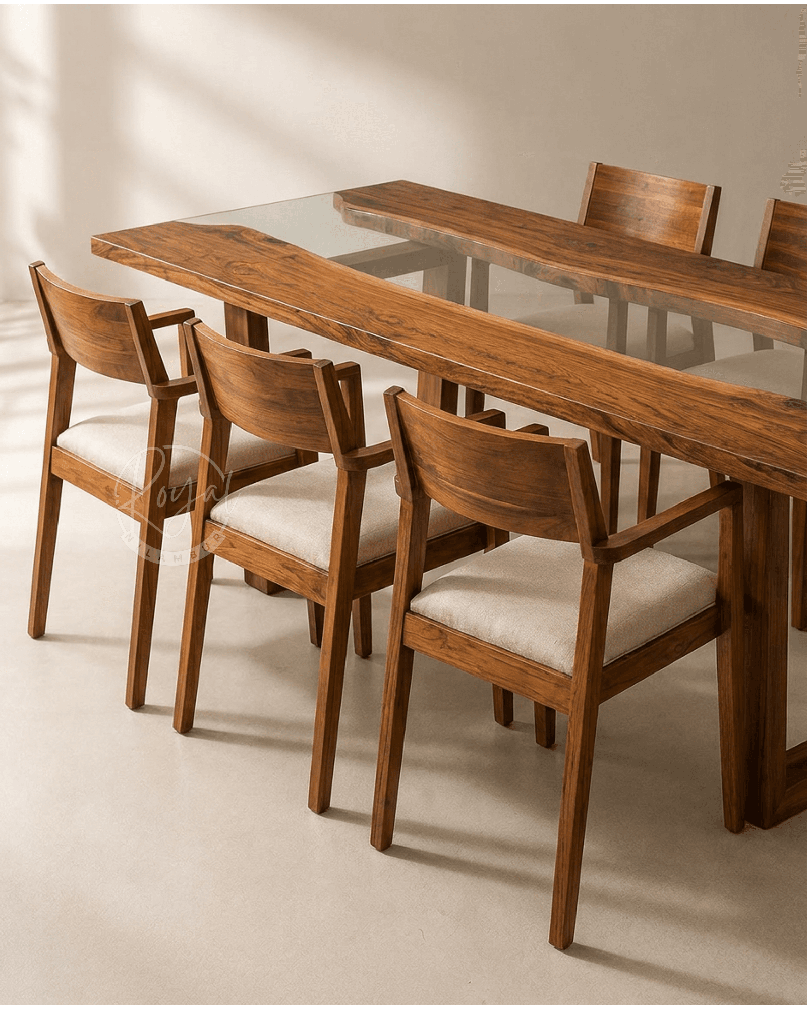 Royal Dhyonix Nilambur Teak Wood Dining Table With Glass Top