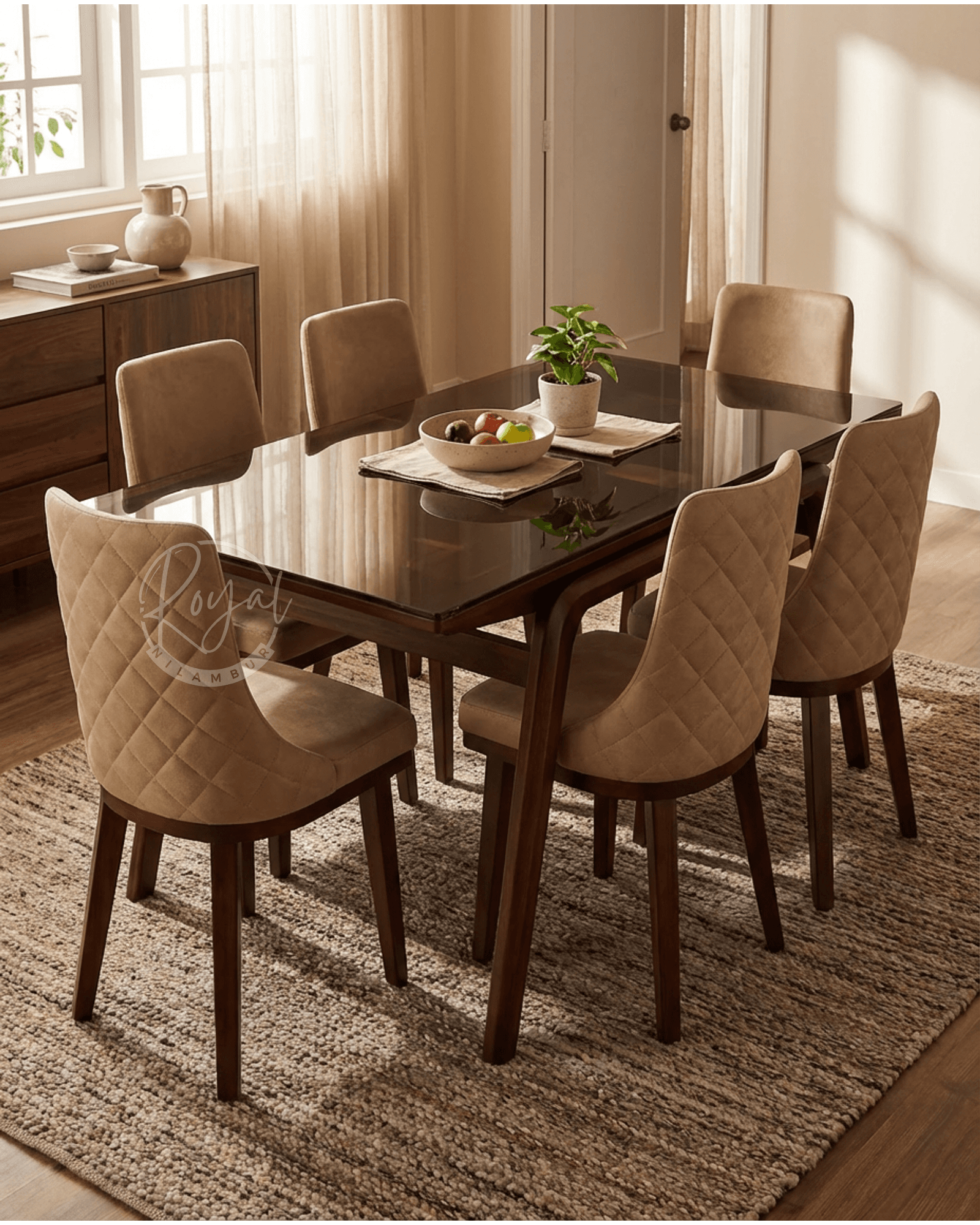 Royal Zynda Nilambur Teak Wood Dining Table With Glass Top