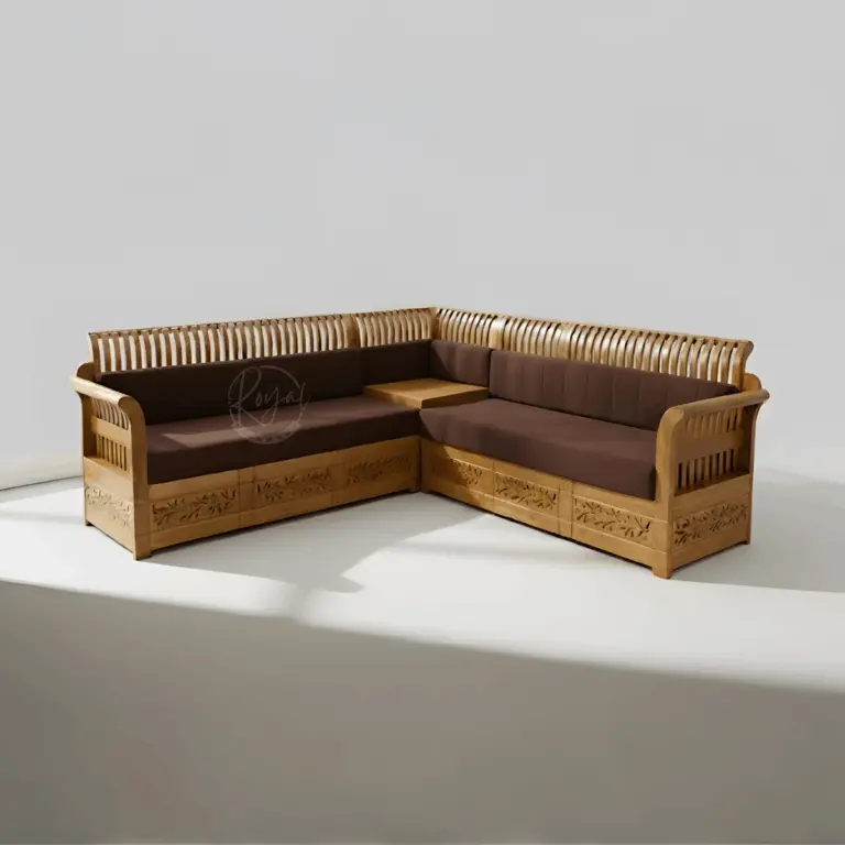 Royal Aksha corner sofa made from premium Nilambur teak wood