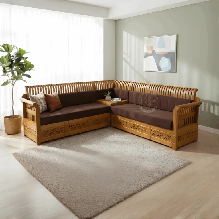 Royal Aksha corner sofa made from premium Nilambur teak wood