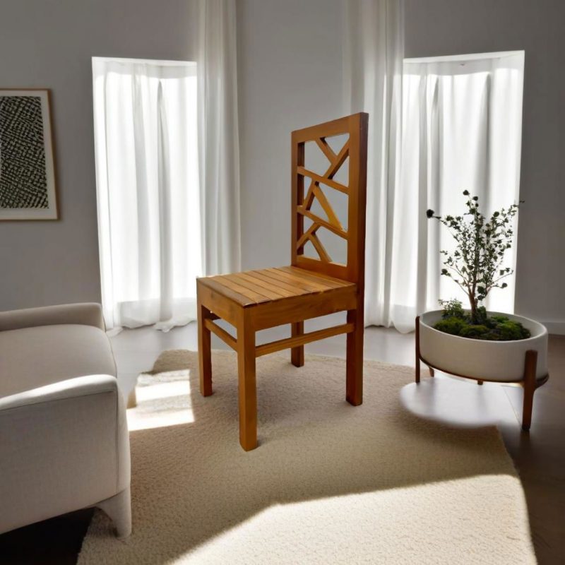 Teak wood dining chair crafted from authentic Nilambur teak with geometric lattice design