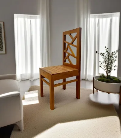 Teak wood dining chair crafted from authentic Nilambur teak with geometric lattice design