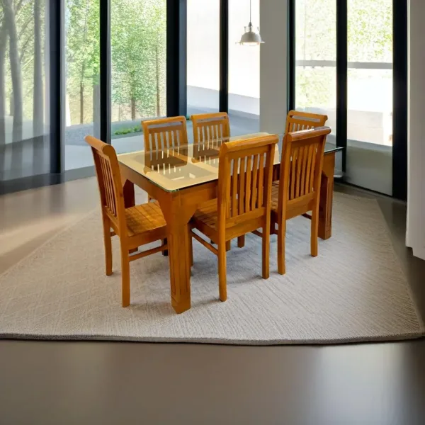 Royal Svarox Nilambur Teak Wood Dining Table With Glass Top