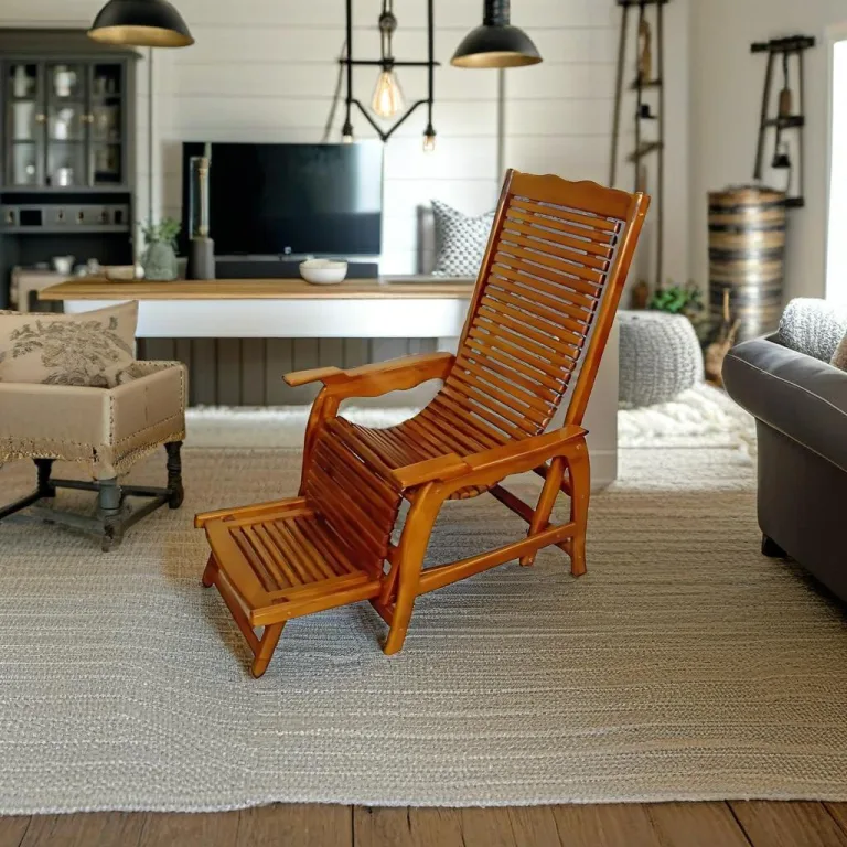 Easy chair featuring authentic Nilambur teak with adjustable backrest and integrated footrest