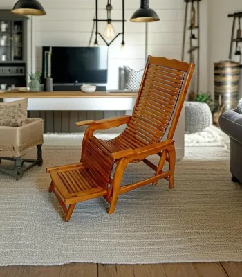 Easy chair featuring authentic Nilambur teak with adjustable backrest and integrated footrest