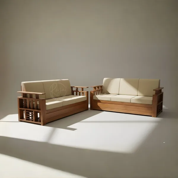 Wooden sofa set featuring authentic Nilambur teak frames with cream upholstery and Mission-style design