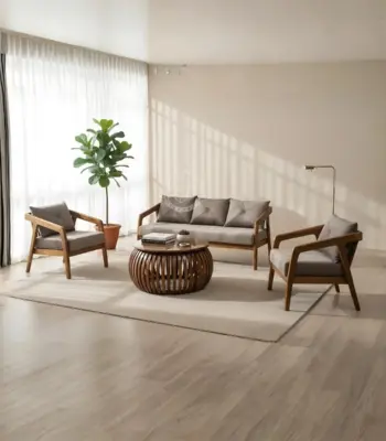 Wooden sofa set featuring sleek Nilambur teak frames with taupe upholstery and mid-century modern design