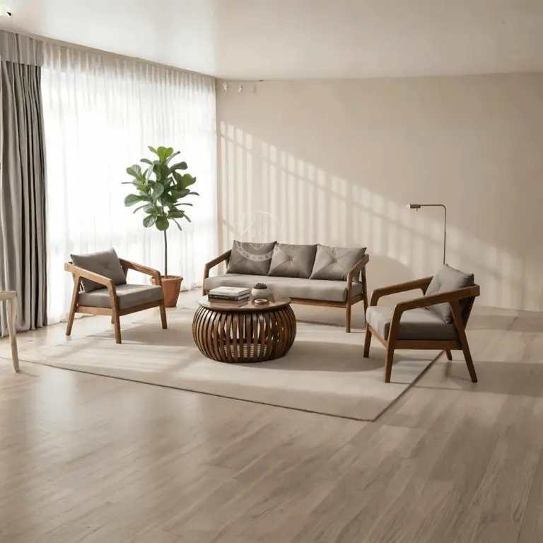 Wooden sofa set featuring sleek Nilambur teak frames with taupe upholstery and mid-century modern design