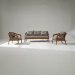 Wooden sofa set featuring sleek Nilambur teak frames with taupe upholstery and mid-century modern design