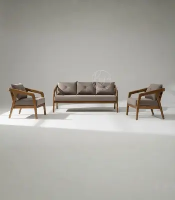 Wooden sofa set featuring sleek Nilambur teak frames with taupe upholstery and mid-century modern design