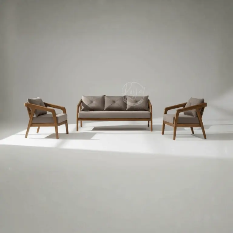 Wooden sofa set featuring sleek Nilambur teak frames with taupe upholstery and mid-century modern design