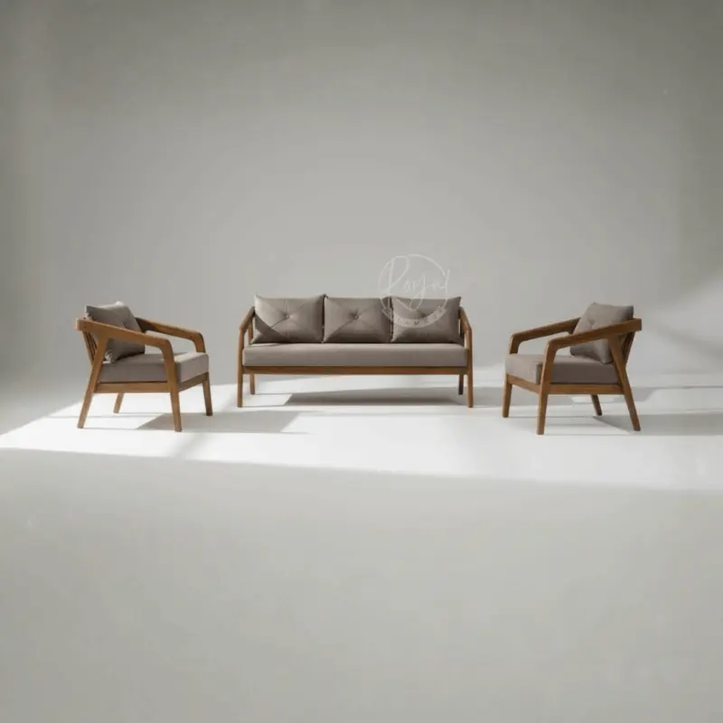 Wooden sofa set featuring sleek Nilambur teak frames with taupe upholstery and mid-century modern design