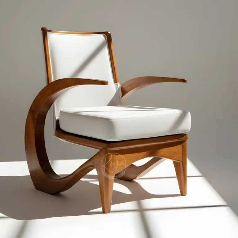 Arm chair crafted from authentic GI-tagged Nilambur teak with sculptural wave design and white cushions
