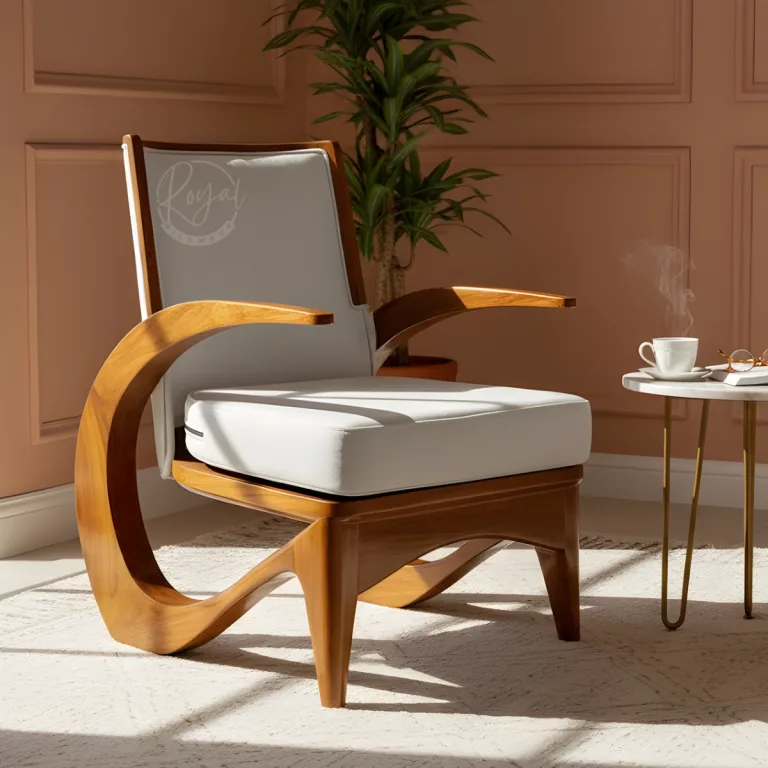 Arm chair crafted from authentic GI-tagged Nilambur teak with sculptural wave design and white cushions