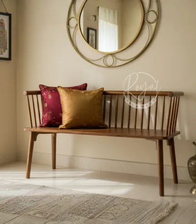 Wooden bench crafted from authentic GI-tagged Nilambur teak with Windsor spindle back design
