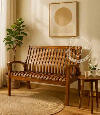 Wooden bench crafted from authentic GI-tagged Nilambur teak with Windsor spindle back design
