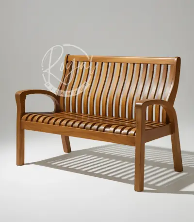 Wooden bench crafted from authentic GI-tagged Nilambur teak with slatted design and armrests
