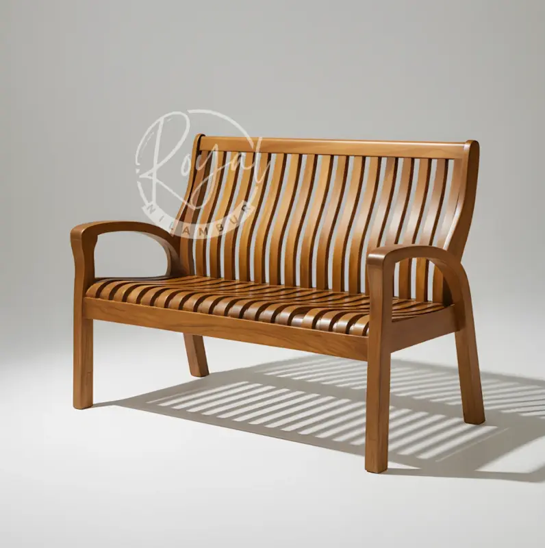 Wooden bench crafted from authentic GI-tagged Nilambur teak with slatted design and armrests