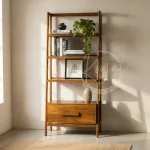 Bookshelf crafted from authentic GI-tagged Nilambur teak with four open shelves and drawer