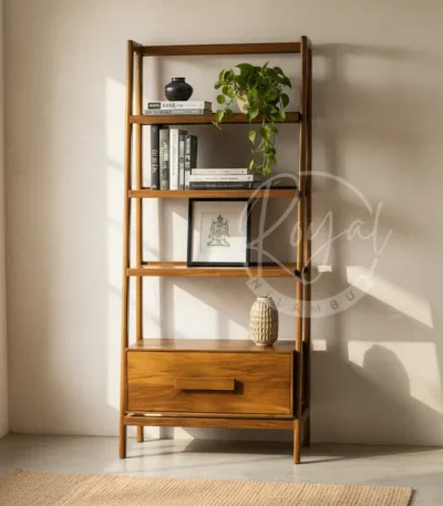 Bookshelf crafted from authentic GI-tagged Nilambur teak with four open shelves and drawer