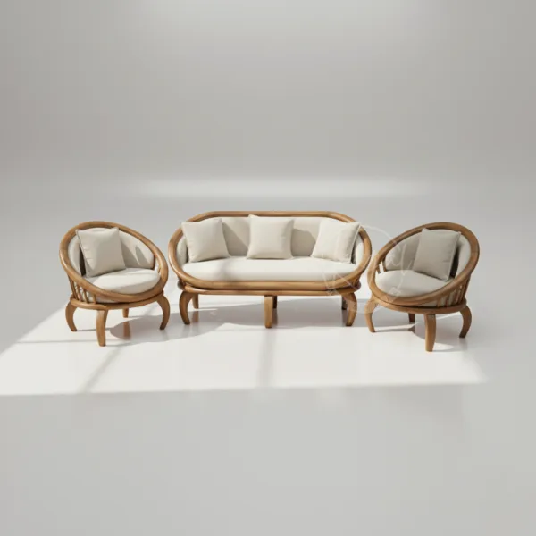 Teak wood sofa set featuring sculptural bentwood frames with cream cushions and organic curved design