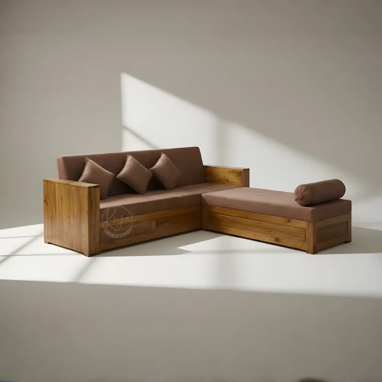 Royal Navrix Nilambur teak sofa set in L-shape layout with premium cushions