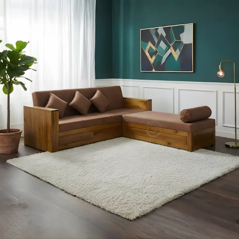 Royal Navrix Nilambur teak sofa set in L-shape layout with premium cushions