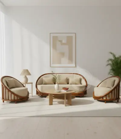 Teak wooden sofa set featuring curved Nilambur teak frames with 3-seater sofa and 1-seater barrel chairs
