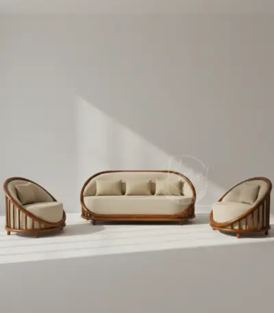 Teak wooden sofa set featuring curved Nilambur teak frames with 3-seater sofa and 1-seater barrel chairs