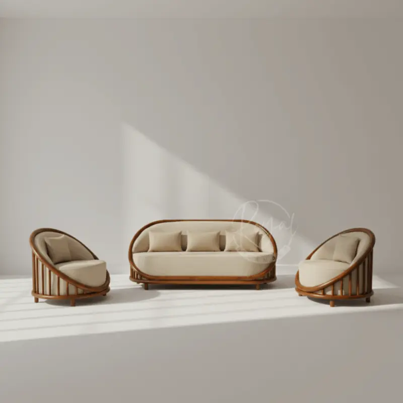 Teak wooden sofa set featuring curved Nilambur teak frames with 3-seater sofa and 1-seater barrel chairs