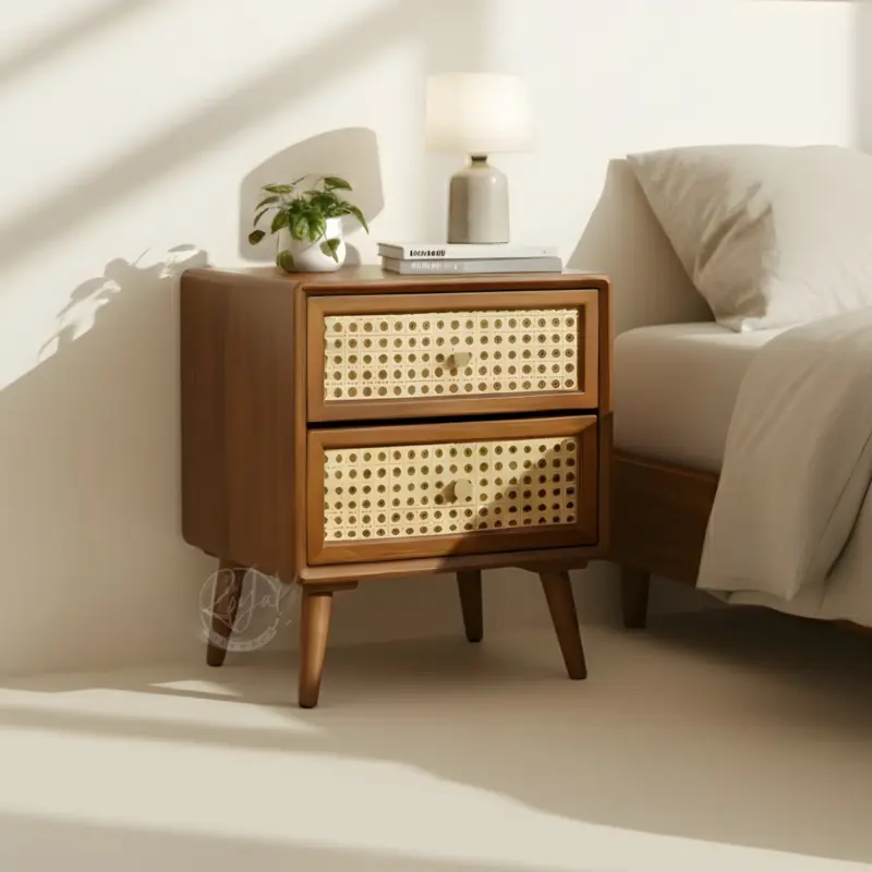 Teak Wooden Cane Bedside Table