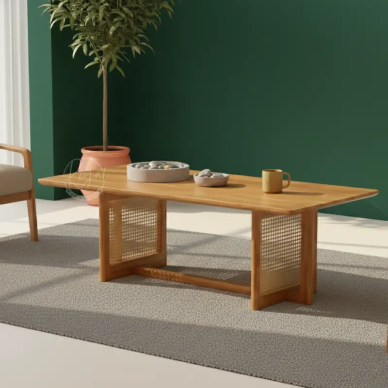 Teak Wooden Cane Coffee Table
